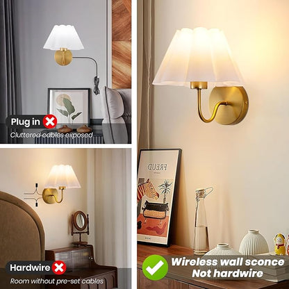 Battery Operated Wall Sconces Sets of 2, Indoor not Hardwired White Fabric lampshade Fixtures,Rechargeable Wireless 10 Colors Wall Lights with Dimmable Remote Control
