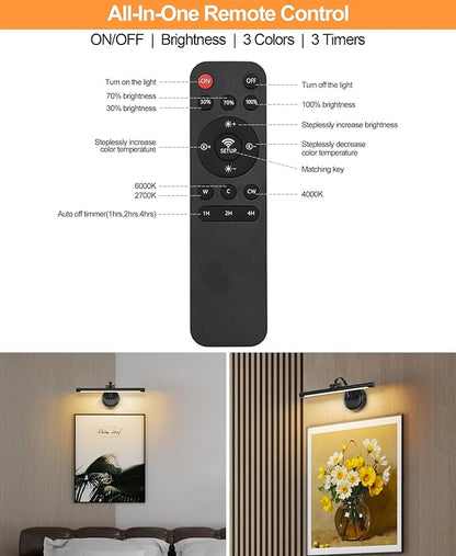 Rechargeable Picture Light for Wall, Cordless Art Lights Battery Operated, Dimmable Wall Light with Remote & Timer, 3 Color Modes for Paintings, Gallery, Artwork(Black, 15.7inch)