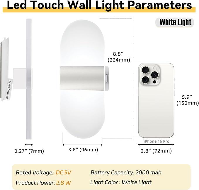 Modern Wall Sconces,2 PCS Acrylic LED Wall Lamp for Living Room Bedroom Hallway,Rechargeable USB Battery Operated,Adjustable Light,Bedside Lights,Touch Control Switch White Light(Arc-Shaped)