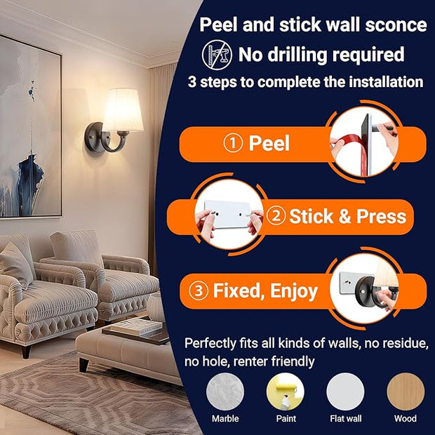 Peel and Stick Wall Sconces, No Drilling Stick On Wall Sconce, Wireless Battery Operated Wall Lights, Adhesive Wall Lamp with 10000mAh Battery Bulb for Bedroom Living Room Decor