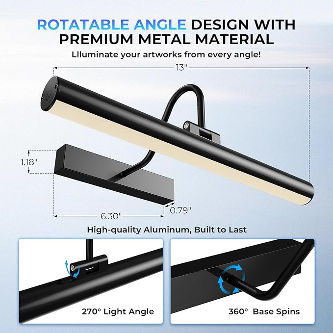 13'' Picture Light for Wall, 5200 mAh Battery Operated Picture Light with Remote & Timer for Wall Art - 3 CCT Dimmable LED, Matte Black Finish