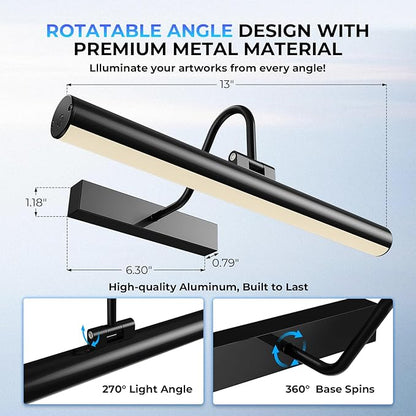 13'' Picture Light for Wall, 5200 mAh Battery Operated Picture Light with Remote & Timer for Wall Art - 3 CCT Dimmable LED, Matte Black Finish
