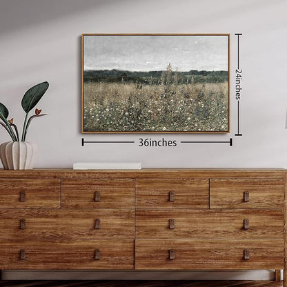 OIQArtOIQ Vintage Framed Wall Art Wildflower Field Meadow Canvas Art Prints Rustic Farmhouse Landscape Pictures Wall Decor Modern Cottagecore Paintings Artwork For Bedroom Bathroom Office Living Room