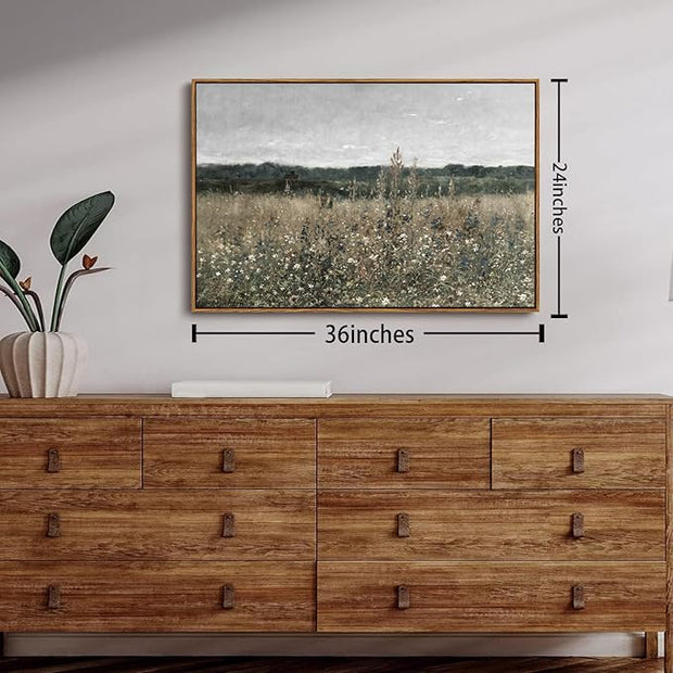 OIQArtOIQ Vintage Framed Wall Art Wildflower Field Meadow Canvas Art Prints Rustic Farmhouse Landscape Pictures Wall Decor Modern Cottagecore Paintings Artwork For Bedroom Bathroom Office Living Room