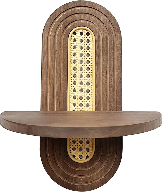 Wooden Arched Floating Shelf, Natural Wood Shelves, Boho Rattan Wall-Mounted Shelf for Bedroom, Living Room, Bathroom, Nursery and Home Office, Decorative Book and Plant Display
