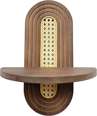 Wooden Arched Floating Shelf, Natural Wood Shelves, Boho Rattan Wall-Mounted Shelf for Bedroom, Living Room, Bathroom, Nursery and Home Office, Decorative Book and Plant Display