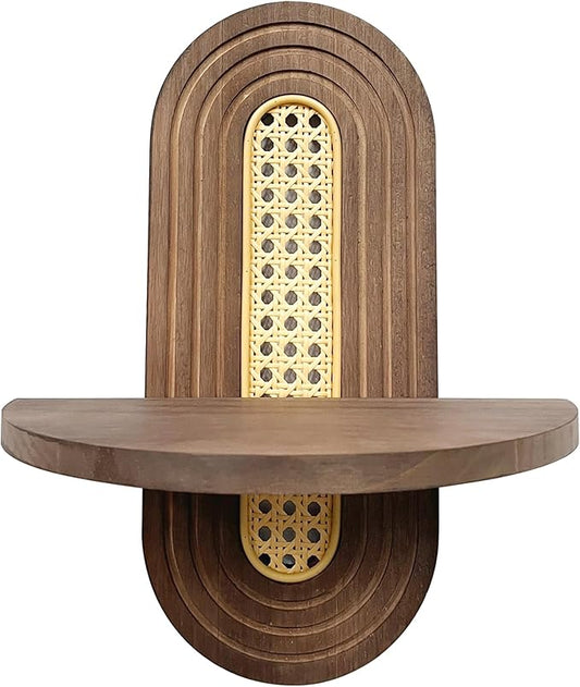 Wooden Arched Floating Shelf, Natural Wood Shelves, Boho Rattan Wall-Mounted Shelf for Bedroom, Living Room, Bathroom, Nursery and Home Office, Decorative Book and Plant Display