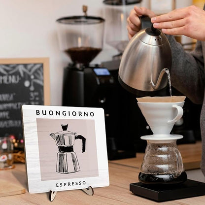 Coffee Bar Decor Sign,Wooden Vintage Plaque with CoffeePot Pattern-Buongiorno Espresso,Funny Farmhouse Decor for Coffee Station, Kitchen Café or Shelf Display(White)