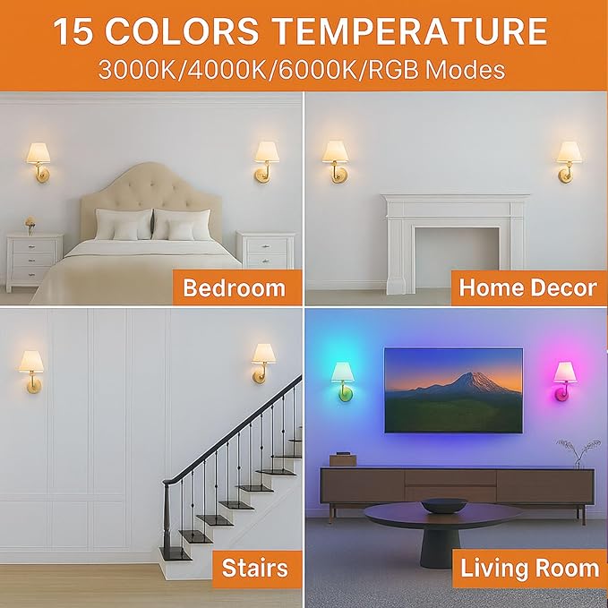 Wireless Wall Sconces Set of 2 with Remote — Gold Pleated Shades Cordless Rechargeable E26 Bulbs, 12 RGB Colors + 3000K/4000K/6000K, Dimmable Wall Mounted Lamps for Bedroom Living Room Hallway