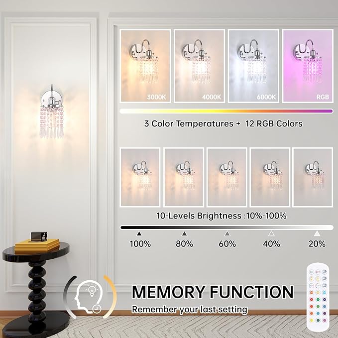 Set of 2 Crystal Battery Operated Wall Sconce, Rechargeable Battery Powered Wall Lamp with Remote Control, Modern Dimmable Wall Lights for Bedroom Bathroom(Pink, Silver Base)