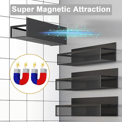Magnetic Spice Rack for Refrigerator, 4 Pack Magnetic Shelf, Fridge Magnet Organizer with Moveable 8 Hooks, Magnetic Fridge Shelf for Kitchen Organization and Storage (4 Pack)