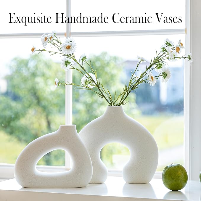 White Ceramic Vase Set of 2 for Modern Home Decor, Round Matte Donut Vases for Pampas Grass, Boho Nordic Minimalism Style Modern Flower Vases for Living Room Table Bookshelf Office Bedroom
