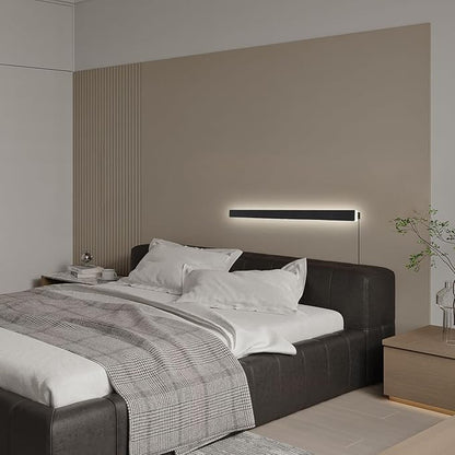 Modern Plug in Wall Lights, 31.4 inch Frosted Black LED Long Wall Sconce, 16W Warm White 3000K Acrylic Indoor Wall lamp,with 59" Plug Cable for Bedroom, Living Room, Hallway