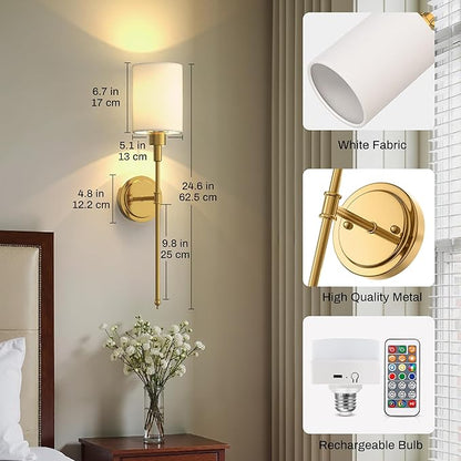 DORESshop Battery Operated Wall Sconce Set of 2, Wireless Wall Light Easy to Install, 7 Color Rechargeable Wall Sconces, Sconce Wall Decor Set of 2 for Bedroom, Living Room, Gold, 24.3in