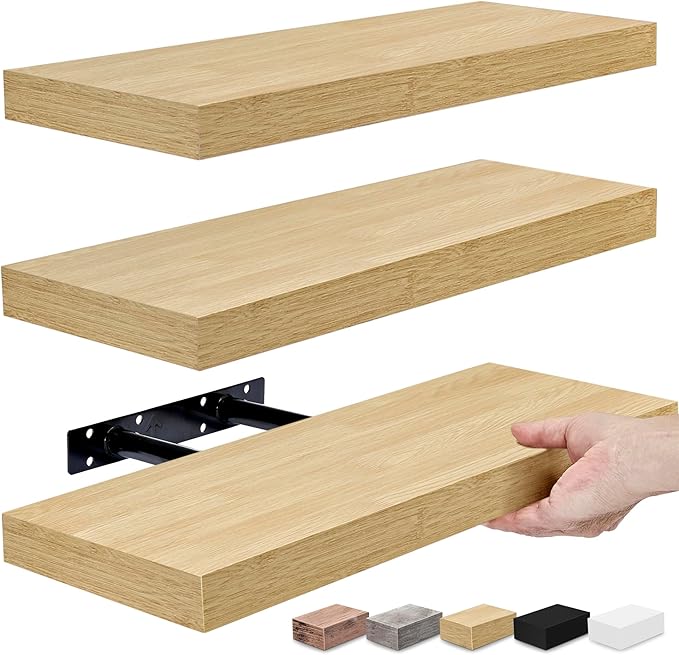 Sorbus Floating Shelves for Wall – 16 Inch Floating Shelf for Kitchen, Bedroom, Living Room, Bathroom, Home & Wall Decor - Mounted Bathroom Shelves with Invisible Brackets (Maple Wood, 3 Pack)