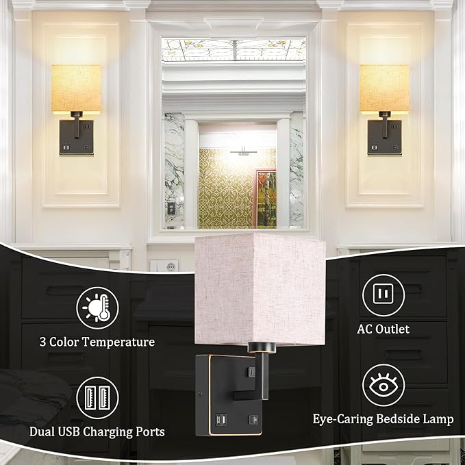 AVV Wall Sconce Lighting, Bedside Wall Mount Light with USB Port, AC Outlet and 3 Color 2700K/4000K/5000K Selectable, Fabric Linen Shade, Wall Lamps for Bedroom Living Room Hotel, Hardwire, Black, 2PK