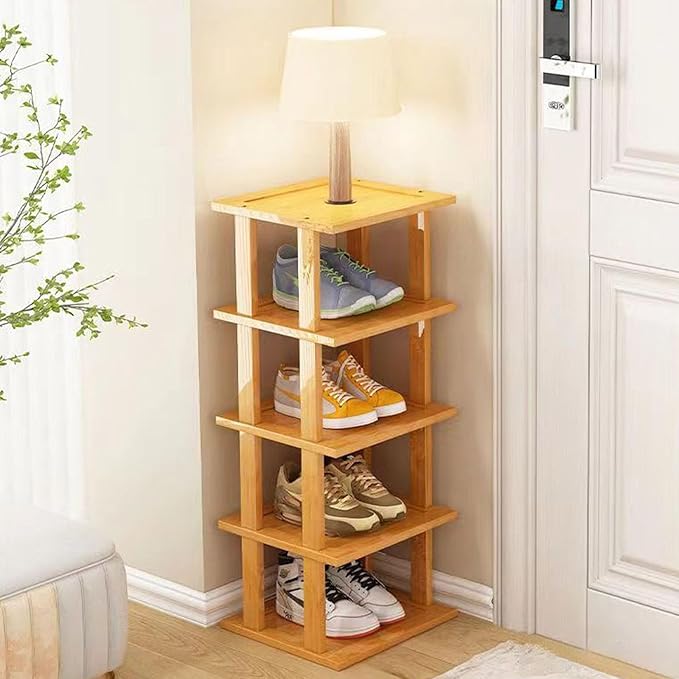 Bamboo Shoe Rack 5Tier- Vertical Shoe Rack for Small Spaces, Tall Narrow Shoe Rack Organizer for Closet Entryway Corner Garage and Bedroom,Skinny Shoe Shelf with Free Stackable DIY