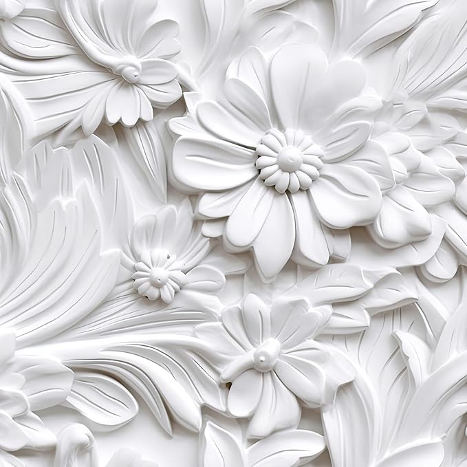 LACHEERY 3D Floral Wallpaper Peel and Stick Faux Embossed Wallpaper 17.5"x276" White Flower Wallpapers Vinyl Floral Contact Paper Peel and Stick Accent Wall Paper for Bedroom Bathroom Walls Cabinets