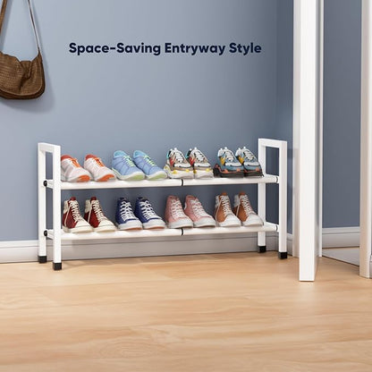 Abiglifty 2-Tier Expandable Shoe Rack,17"-33" Adjustable Shoe Rack for Closet,Metal Shoes Shelves for Front Door Entrance, Garage & Corridor, Free Standing Shoe Holders, Easy to Assemble,White