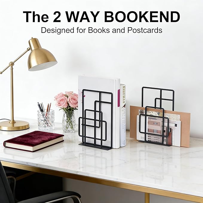 SRIWATANA Book Ends Heavy Duty, Decorative Black Bookends for Shelves, Window Lattice Design