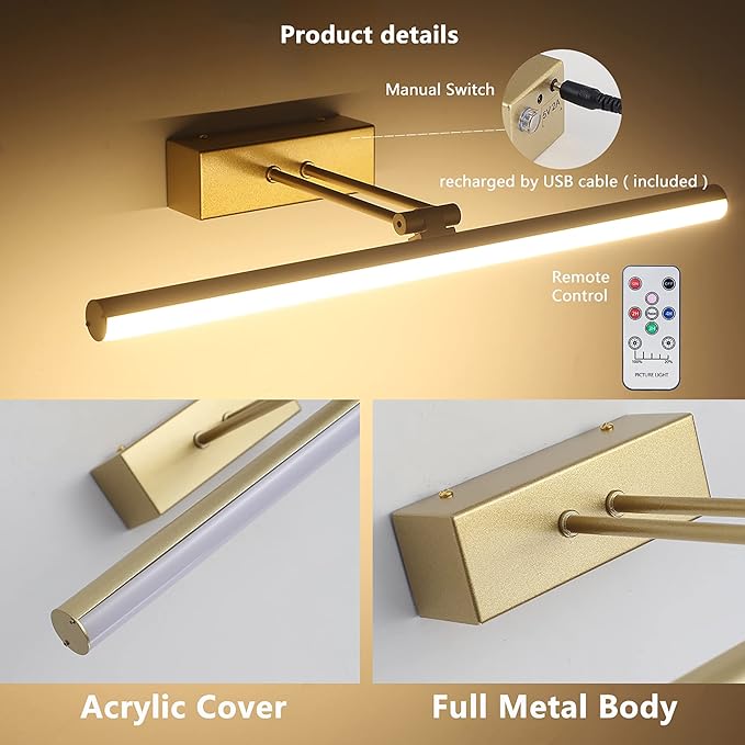 Battery Operated Picture Light,5200mAh Picture Lights for Wall with Remote,16 inch Art Light for Paintings, Gallery Lighting for Photo,Mirror,Artwork Frame,Portrait(Gold)