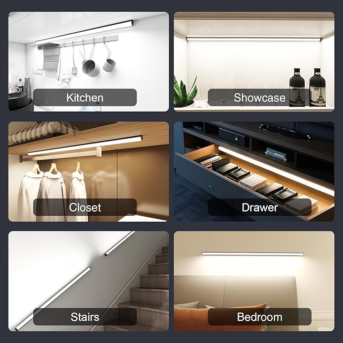 Under Cabinet Lighting Wireless with Remote,Rechargeable Battery Operated Closet Lights,3 Color Magnetic Dimmable led Strip Lights,Under Counter Lights for Kitchen,Shelf,Bedroom (Black-2PCS, 80cm)