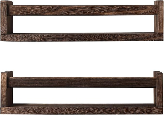 Nursery Book Shelves, Set of 2 Wood Floating Book Shelves for Kids Room, Kitchen Spice Rack, or Rustic Wall Mounted Shelves for Farmhouse Bathroom Décor (Carbon Brown)