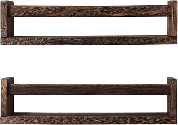 Nursery Book Shelves, Set of 2 Wood Floating Book Shelves for Kids Room, Kitchen Spice Rack, or Rustic Wall Mounted Shelves for Farmhouse Bathroom Décor (Carbon Brown)