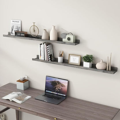 48 Inches Long Floating Shelves for Wall, Solid Pine Wood Picture Ledge Shelves, Wall Shelves with Lips, Nursery Book Shelves for Toys Storage Living Room Bedroom Photo Frames (2 Pcs, Grey)