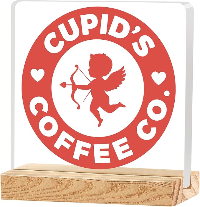 Valentines Coffee Desk Decor, Valentine's Day Gifts for Lover Bar Station, Valentine Home Office Table Sign for Kitchen Shelf Tiered Tray, Cafe Tabletop Decoration to Couples, Cupids Coffee Co
