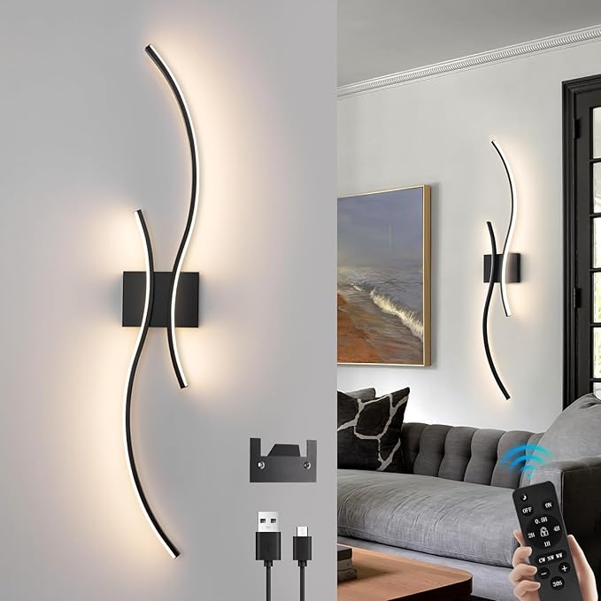 CANEOE Battery Operated Wall Sconces with Remote Control,10000mAh USB Rechargeable Black Wall Light,3000K-6000K LED Wireless Wall Lamp for Bedroom,Hallway,Background Wall,31.5inch,1 Pack