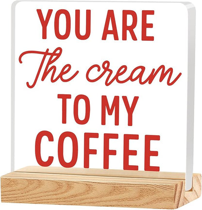 Valentines Coffee Desk Decor, Valentine's Day Gifts for Lover Bar Station, Valentine Home Office Table Sign for Kitchen Shelf Tiered Tray, Cafe Tabletop Decoration to Couples, Cream To My Coffee