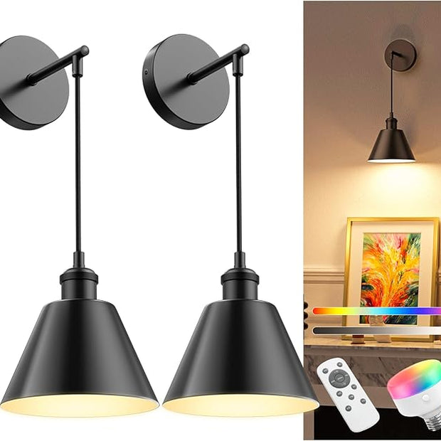 NIORSUN Matte Black Battery Operated Wall Sconce Set of 2, 5200mAh Dimmable Detachable Bulbs and Remote Wireless Rechargeable Wall Lights, 9 Colors Sconces Wall Decor for Bedroom Living Room Hallway