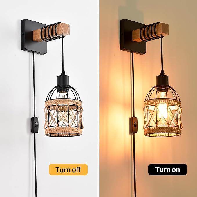 Rustic Wall Sconces Fixtures with Plug in Cord, Set of Two Indoor Vintage Rattan Wall Light Industrial Lamp Fixture Farmhouse Metal Sconces Light for Bedroom Bedside Living Room