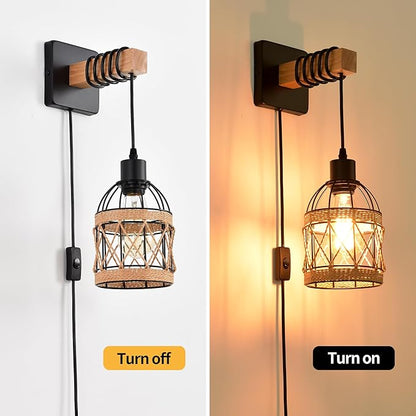 Rustic Wall Sconces Fixtures with Plug in Cord, Set of Two Indoor Vintage Rattan Wall Light Industrial Lamp Fixture Farmhouse Metal Sconces Light for Bedroom Bedside Living Room