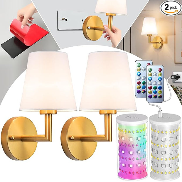 Peel and Stick Wall Sconces, Stick On Wall Sconce Set of 2, Battery Operated Wireless Wall Light, No Drill Adhesive Wall Lamp, Corn Bulb with 10000mAh Rechargeable Battery, Bedroom Wall Decor