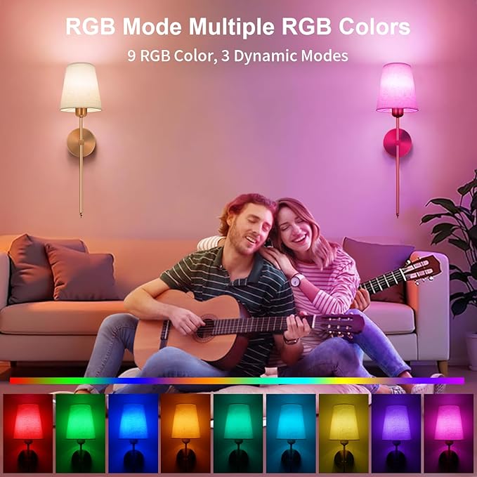 Battery Operated Wall Sconce, Gold Rechargeable Wall Lights with 10000mAh Dimmable Bulbs and 3 Dynamic Modes, 12 Colors Wireless Wall Lamps with Remote for Bedroom Living Room Hallway Decor, 2 Pack