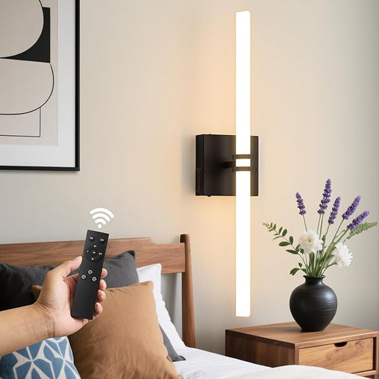 Battery Operated Wall Sconce 1Pack, Black Rechargeable Wall Lights with Dimmable Remote Control, 22 Inch 3000K-6000K LED Wireless Wall Lamps for Bedroom, Hallway, Background Wall