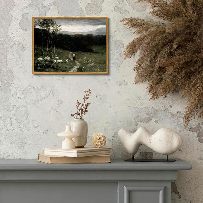 OIQArtOIQ Framed Vintage Landscape Wall Art Shepherd Natural Scenery Oil Painting Canvas Prints Country Farmhouse Aesthetic Decor Pictures for Kitchen Bedroom Living Room Bathroom