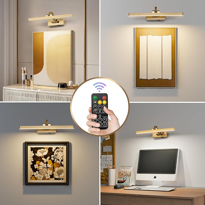 Picture Lights for Wall Battery Operated 3 Colors Dimmable Lights for Pictures On Wall 15.56 Inch Brass Art Lighting for Paintings Wireless Gallery Light Poster Lights with Remote and Timer