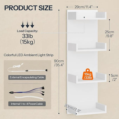 HOOBRO Floating Wall Shelves with LED Lights, Floating Shelf Wall Mounted for Storage, Vertical Display Stand, Modern Column Rack, for Bedroom, Livingroom, 4-Tier, 35.8 Inches, White, WT41DBJ01