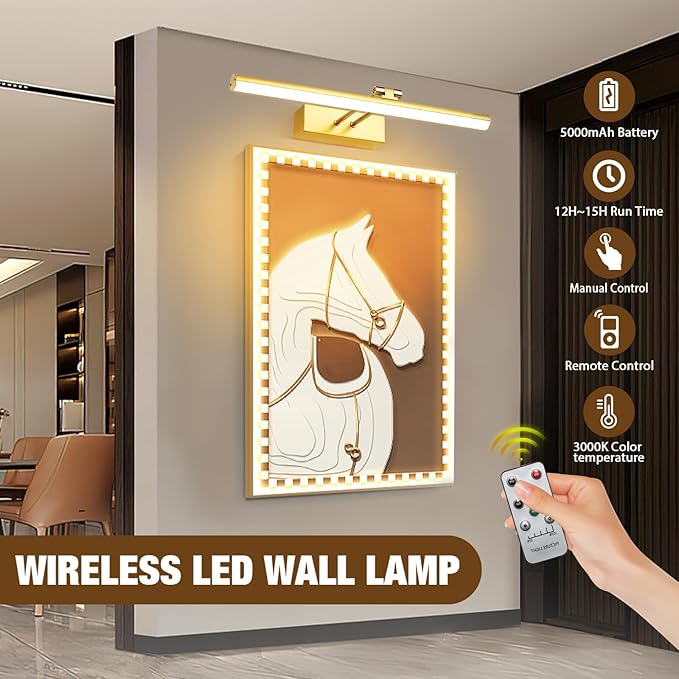 Picture Light, Battery Picture Lights with Remote of Timer and Dimmable, 20 Metal Art Light for Paintings,Display Lamp for Wall Gallery Dartboard Portrait Frame Artwork (Copper)