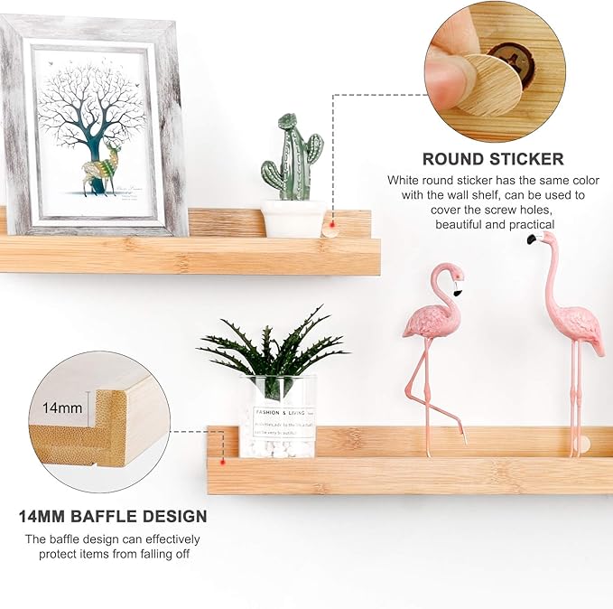 Natural Bamboo Floating Shelves Rustic Wood Wall Shelves Wooden Wall Storage Organizer Home Decor Living Room Kitchen Bedroom (Natural, 13.8 in)