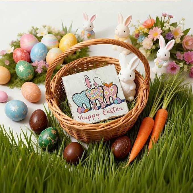 Easter Table Decorations Happy Easter Bunny Wooden Box Sign, Rustic Farmhouse Spring Centerpiece for Tables, Easter Desk Shelf Plaque Home Decor 5x5 Inch