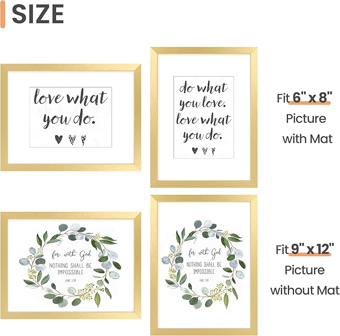 upsimples 9x12 Picture Frame Set of 5, Display Pictures 6x8 with Mat or 9 x 12 Without, Wall Gallery Photo Frames, Gold