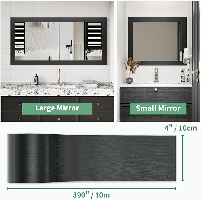 10M Peel and Stick Wallpaper Borders 390” x 4” Self Adhesive Mirror Frame Border Wood Grain DIY for Kitchen Bathroom Mirror Removal Border Sticker Wall Decor Cover 10.8 Sq.Ft, Black Wood