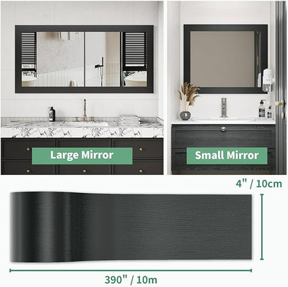 10M Peel and Stick Wallpaper Borders 390” x 4” Self Adhesive Mirror Frame Border Wood Grain DIY for Kitchen Bathroom Mirror Removal Border Sticker Wall Decor Cover 10.8 Sq.Ft, Black Wood