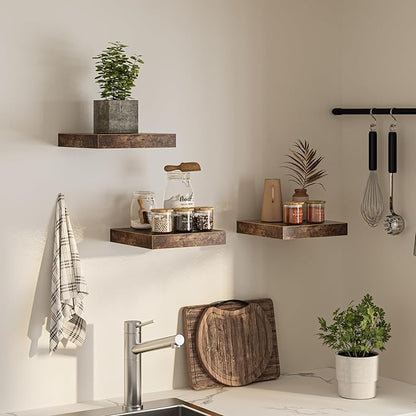 Square Floating Shelves for Wall, 12"W x 12"D x 1.4"H, Small Wooden Wall Mounted Display Shelf with Invisible Brackets for Living Room, Bedroom, Bathroom, Kitchen Decor, Set of 3, Rustic Brown