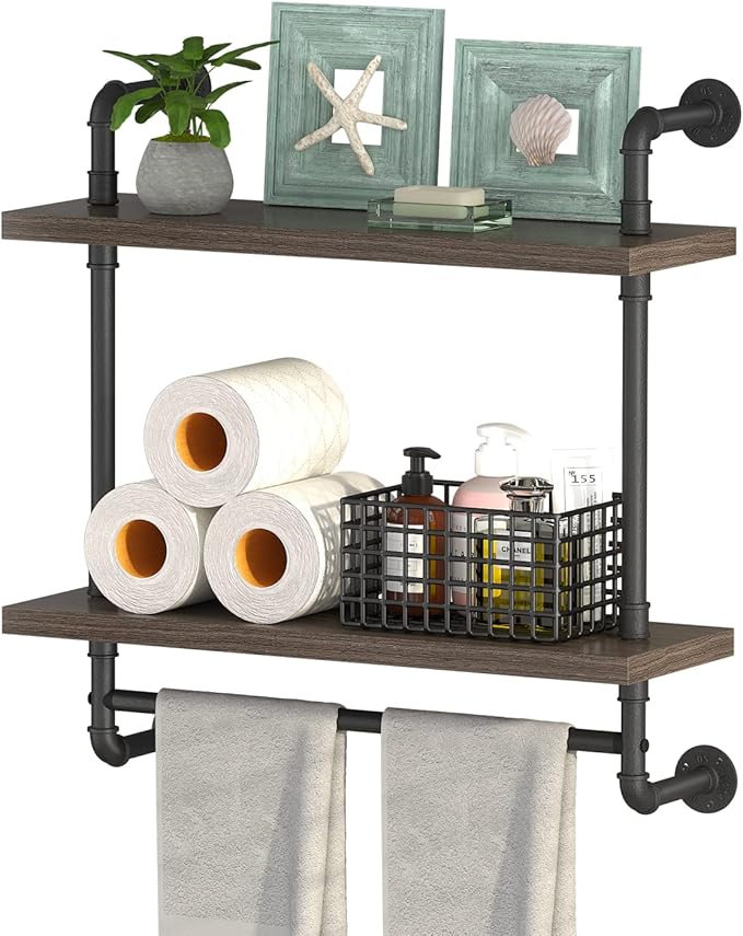 Helsin 2 Tier Wood Floating Shelves Towel Rack, Industrial Pipe Bathroom Shelves Wall Mounted with Towel bar, Wall Display Storage Shelf for Home & Bathroom Decor (Gray, 24inch)