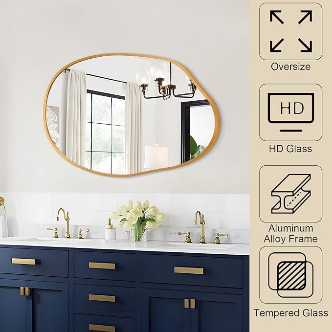 Gold Irregular Wall Mirror Aluminum Alloy Frame Asymmetrical Bathroom Mirrors Brushed Metal Vanity Wall Mounted Mirror for LivingRoom Bedroom Entryway Room Home Decor Large 22